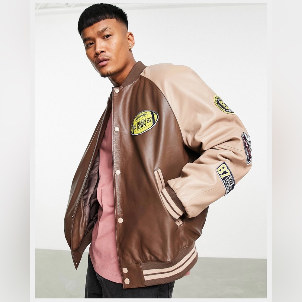 Oversized Real Leather Varsity Jacket in Brown Size M